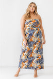 Printed Ruched Strapless Maxi