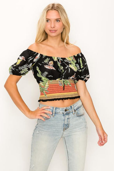 Black Floral Cropped Off Shoulder