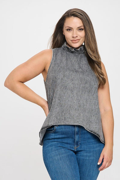 Sleeveless Ruffleneck Denim Top