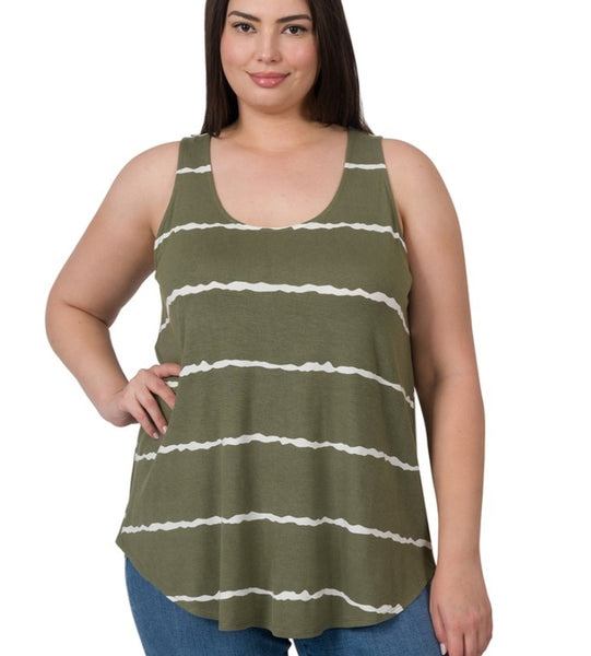 Olive Striped Sleeveless Top In Plus