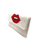 Red Lips Beaded Clutch Bag White (PRE)
