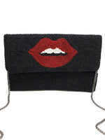 Red Lips Beaded Clutch Bag Black (PRE)