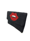 Red Lips Beaded Clutch Bag Black (PRE)