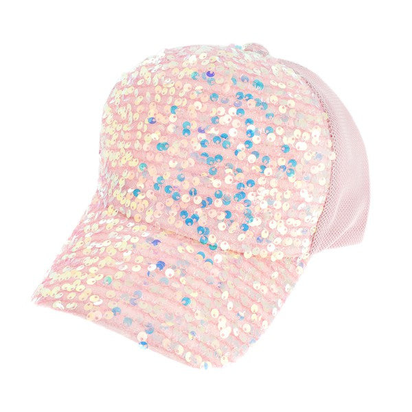 Sparkly Sequin Baseball Cap In Pink