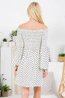 Off Shoulder Polka Dot Smocked Dress