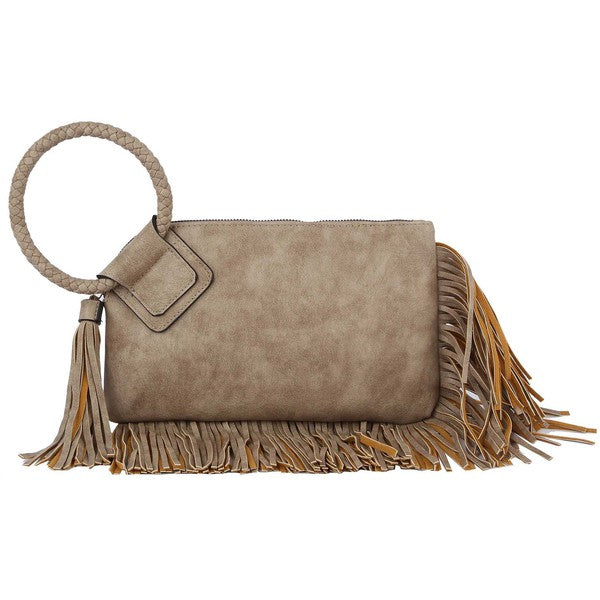 Fringe Cut Tassel Clutch Wristlet In Stone