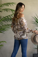 Flower and Feather Print Off Shoulder Top