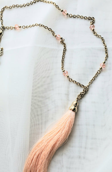 Peach and Gold-toned Tassel Necklace