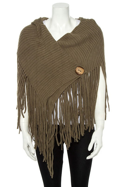 Hooded Fringe Button Accent Poncho In Olive