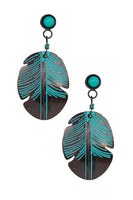 Etched Leaf Dangle Earrings In Chocolate & Turquoise