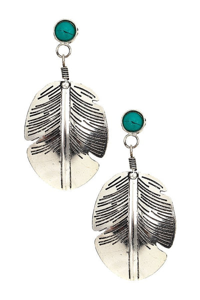 Etched Leaf Dangle Earrings In Turquoise & Silver Tone